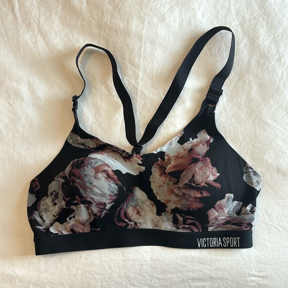 Victoria Secret Racerback Sports Bra Black and Floral Women’s Medium.